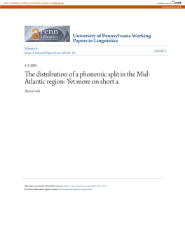 The Distribution of a Phonemic Split in the Mid-Atlantic Region: Yet More on Short A