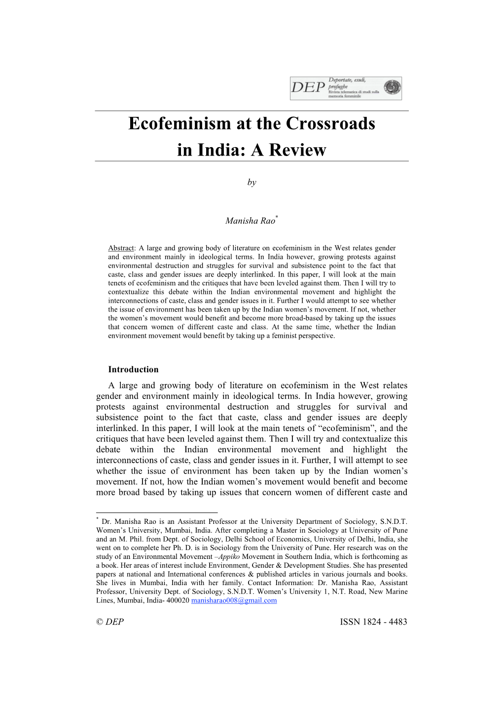Ecofeminism at the Crossroads in India: a Review