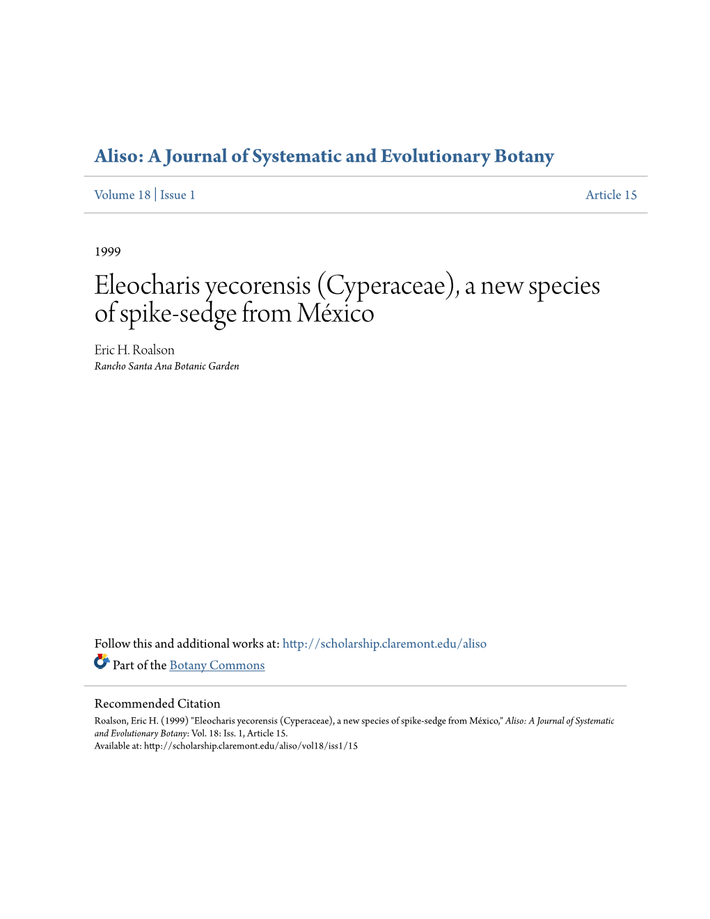 Eleocharis Yecorensis (Cyperaceae), a New Species of Spike-Sedge from México Eric H