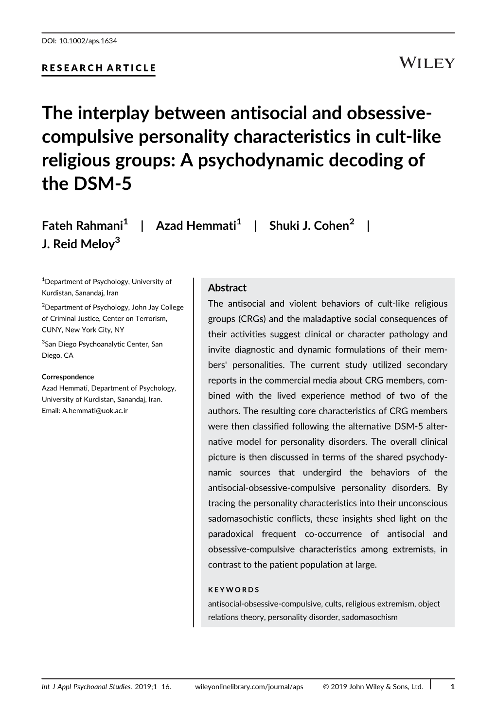 The Interplay Between Antisocial and Obsessive- Compulsive Personality Characteristics in Cult-Like Religious Groups: a Psychodynamic Decoding of the DSM-5