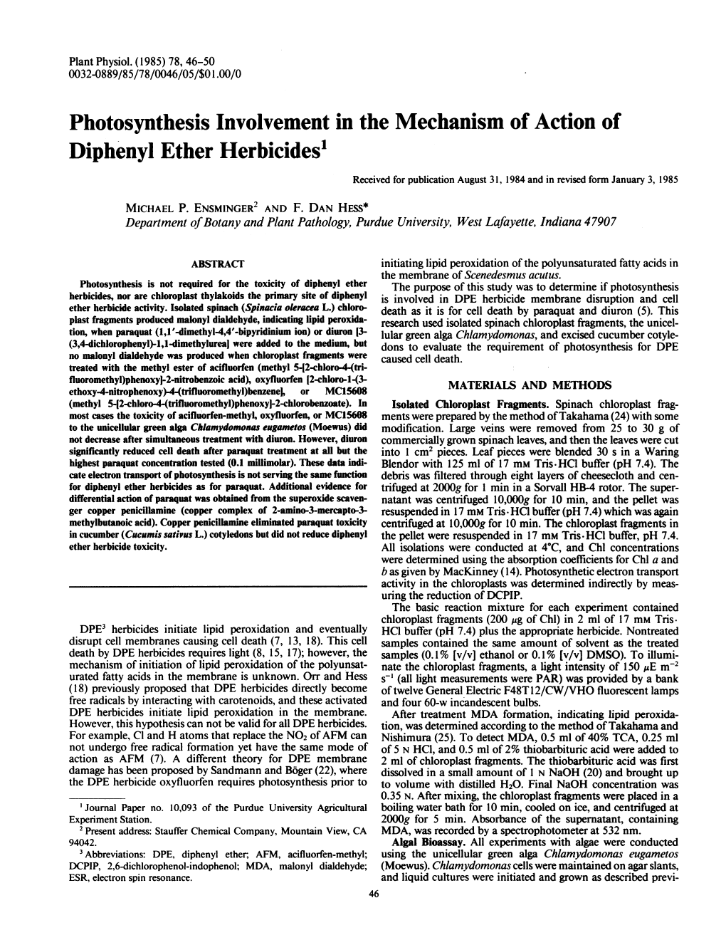 Diphenyl Ether Herbicides' Received for Publication August 31, 1984 and in Revised Form January 3, 1985