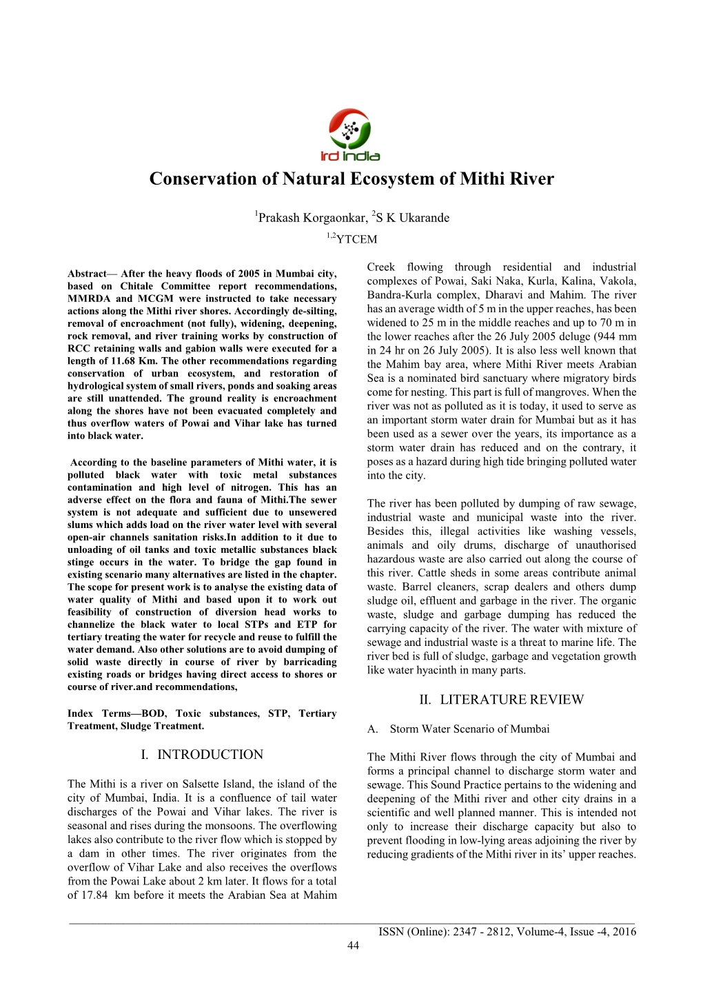 Conservation of Natural Ecosystem of Mithi River