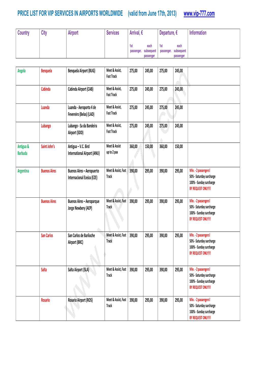 PRICE LIST for VIP SERVICES in AIRPORTS WORLDWIDE (Valid from June 17Th, 2013)