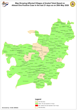 Map Showing Affected Villages of Anekal Taluk Based on Atleast One Positive Case in the Last 21 Days As on 29Th May 2020
