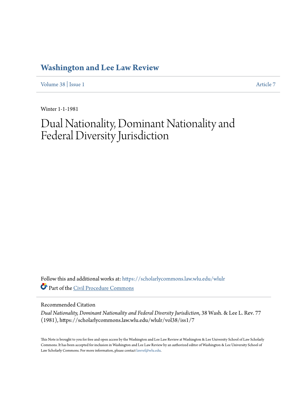 Dual Nationality, Dominant Nationality and Federal Diversity Jurisdiction
