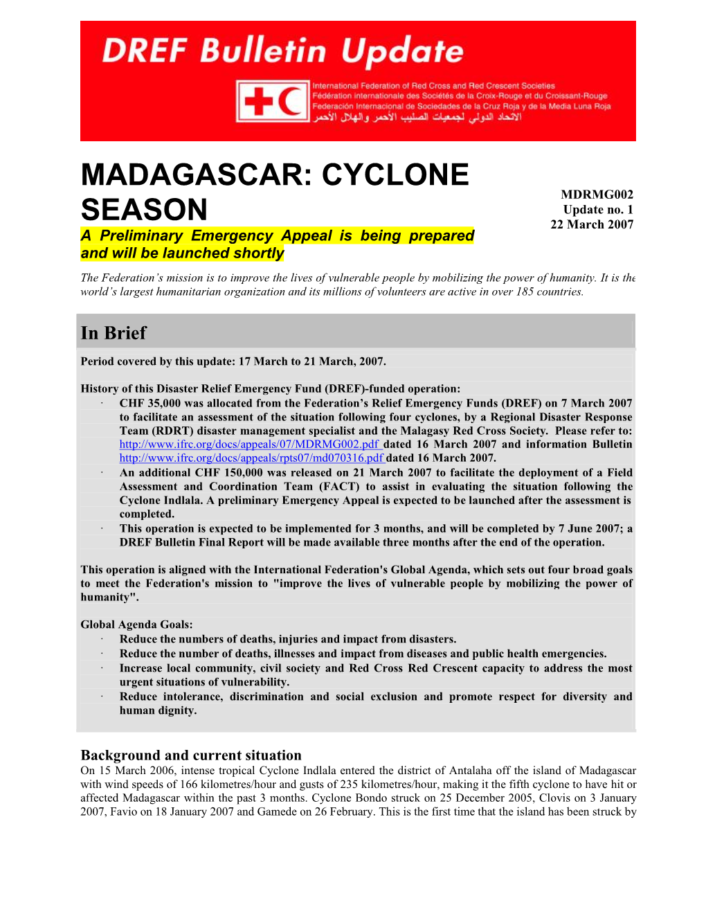 Cyclone Preparedness; MDRMD002; DREF Update No