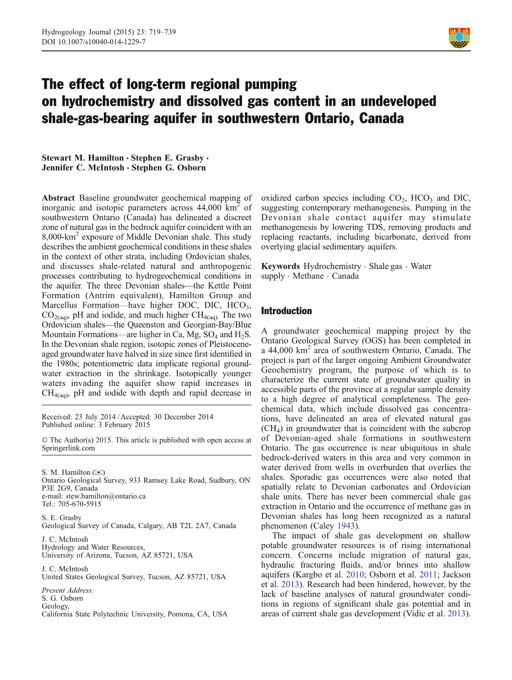 The Effect of Long-Term Regional Pumping on Hydrochemistry and Dissolved Gas Content in an Undeveloped Shale-Gas-Bearing Aquifer in Southwestern Ontario, Canada
