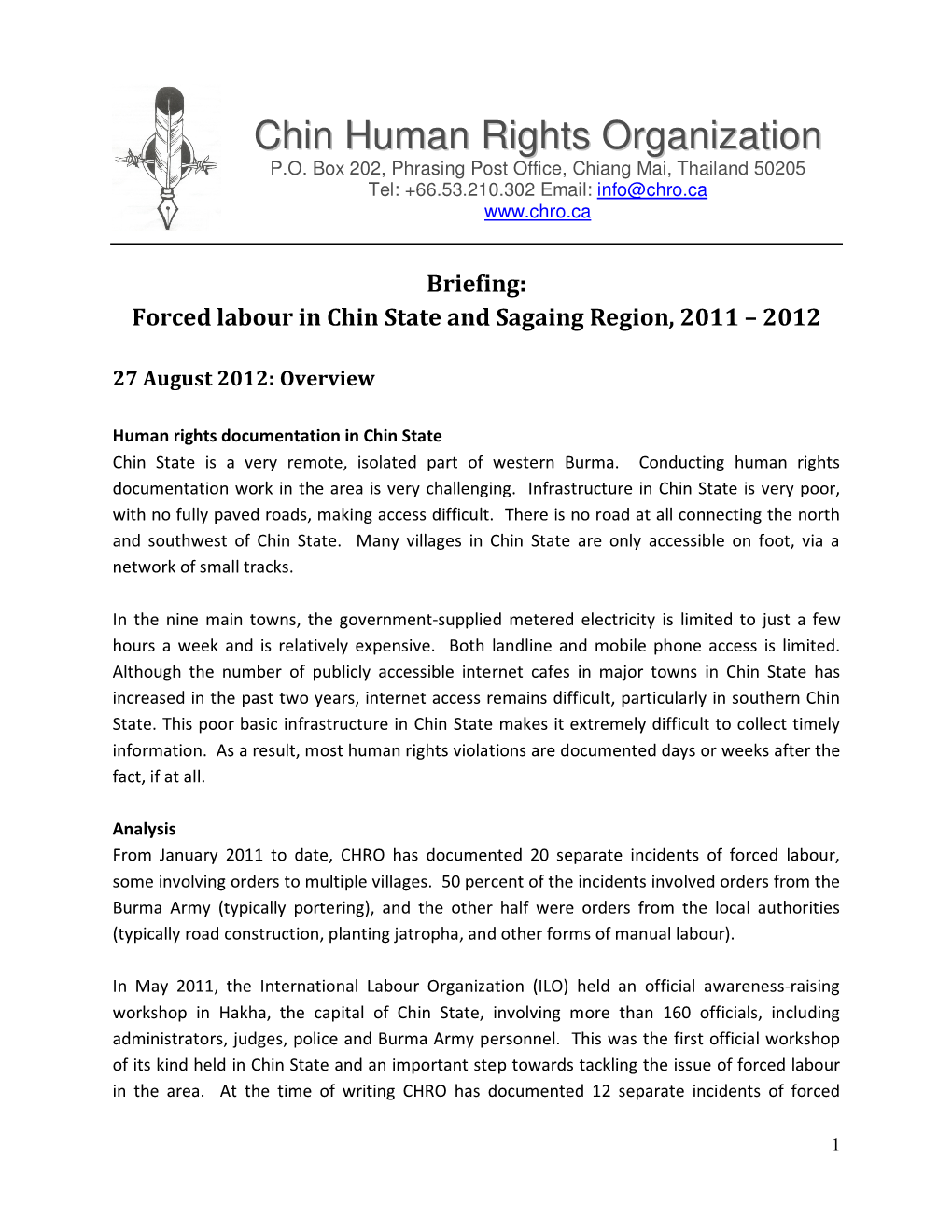 Briefing: Forced Labour in Chin State and Sagaing Region, 2011 – 2012