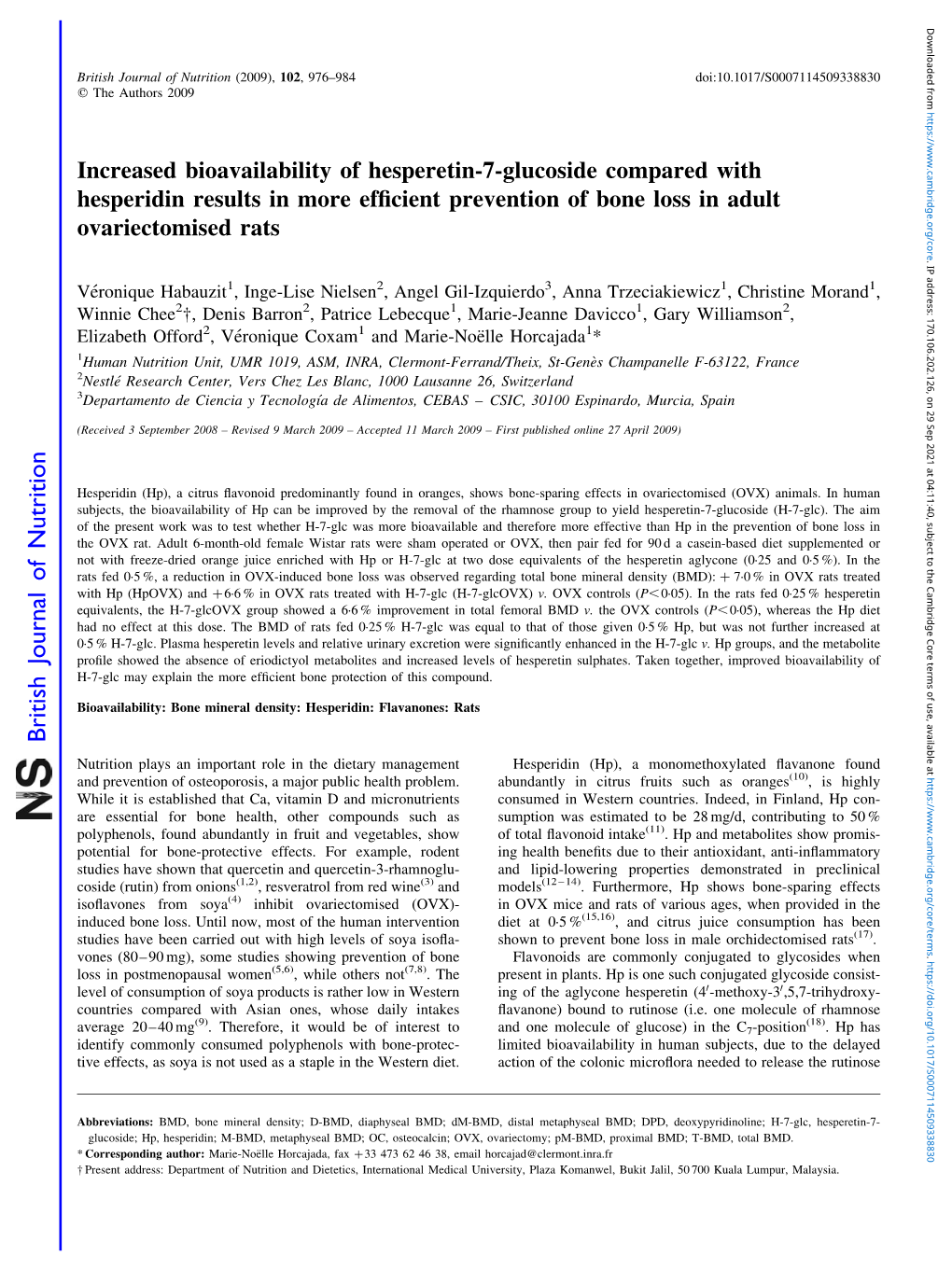 Increased Bioavailability of Hesperetin-7-Glucoside Compared with Hesperidin Results in More Efﬁcient Prevention of Bone Loss in Adult Ovariectomised Rats