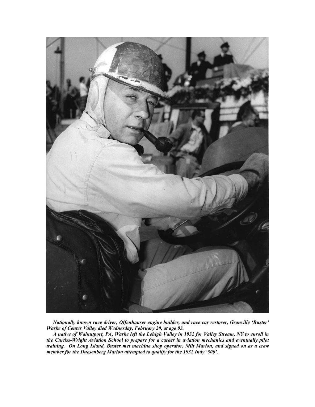Nationally Known Race Driver, Offenhauser Engine Builder, and Race Car Restorer, Granville ‘Buster’ Warke of Center Valley Died Wednesday, February 20, at Age 93