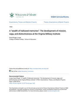 A "Wealth of Hallowed Memories": the Development of Mission, Saga, and Distinctiveness at the Virginia Military Institute