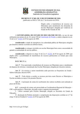 ESTADO DO RIO GRANDE DO SUL ASSEMBLEIA LEGISLATIVA Gabinete De Consultoria Legislativa