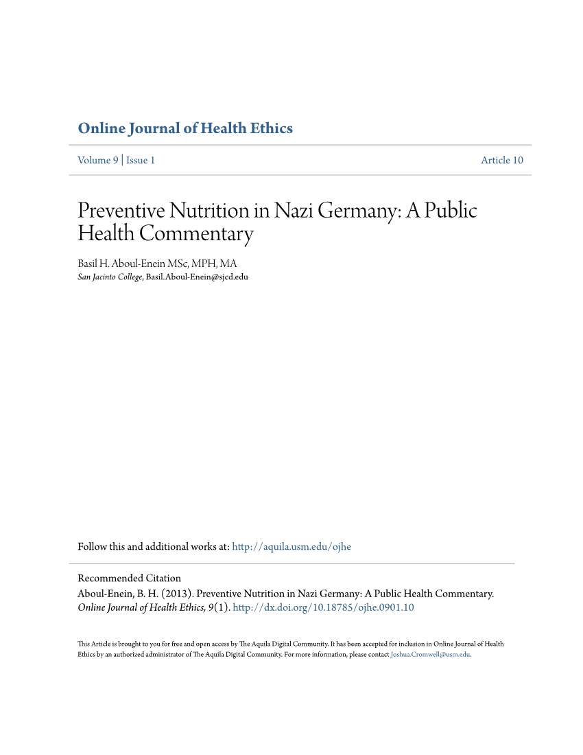 Preventive Nutrition in Nazi Germany: a Public Health Commentary Basil H