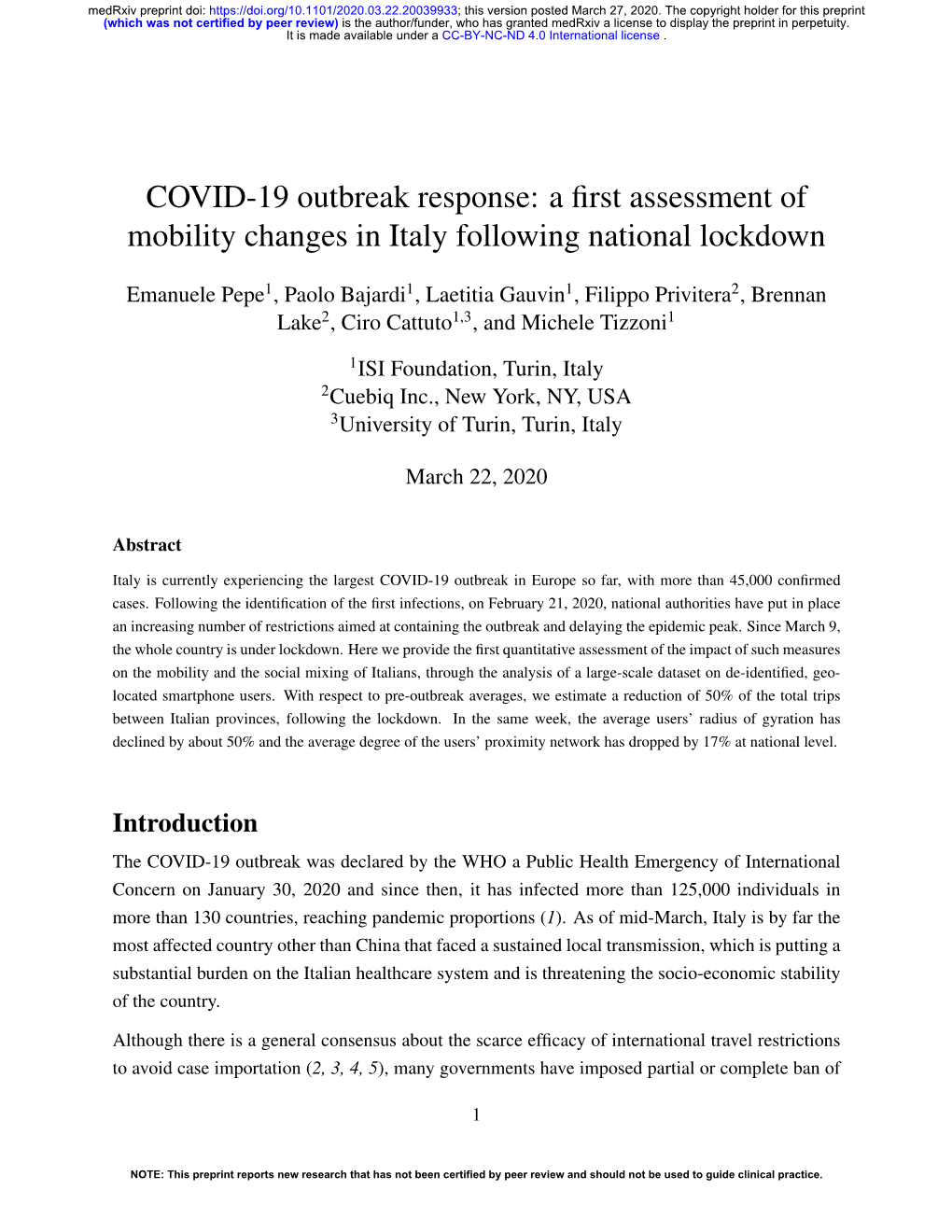 COVID-19 Outbreak Response: a ﬁrst Assessment of Mobility Changes in Italy Following National Lockdown