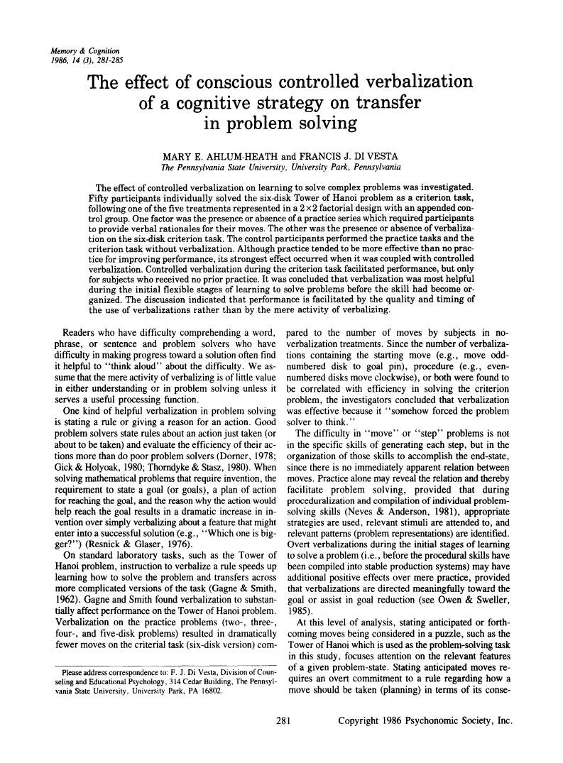 The Effect of Conscious Controlled Verbalization Cognitive Strategy on Transfer in Problem Solving