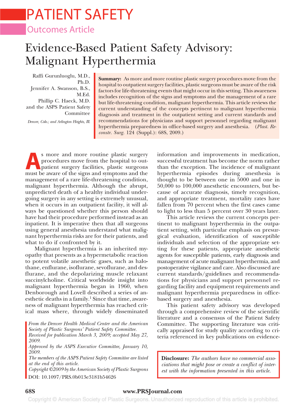 Evidence-Based Patient Safety Advisory: Malignant Hyperthermia