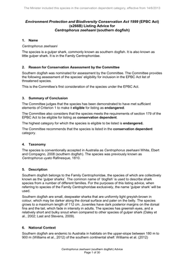 EPBC Act) (S266b) Listing Advice for Centrophorus Zeehaani (Southern Dogfish)