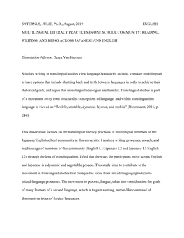 Iv SATERNUS, JULIE, Ph.D., August, 2019 ENGLISH MULTILINGUAL LITERACY PRACTICES in ONE SCHOOL COMMUNITY: READING, WRITING