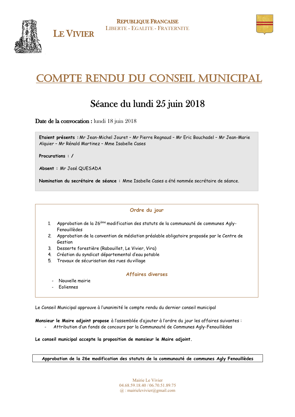 COMPTE RENDU DU CONSEIL MUNICIPAL Séance Du Lundi 25