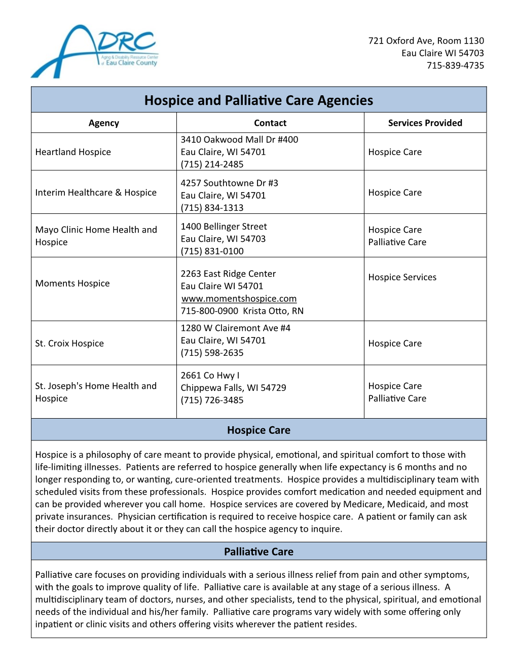 Hospice and Palliative Care Agencies