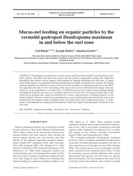 Mucus-Net Feeding on Organic Particles by the Vermetid Gastropod Dendropoma Maximum in and Below the Surf Zone