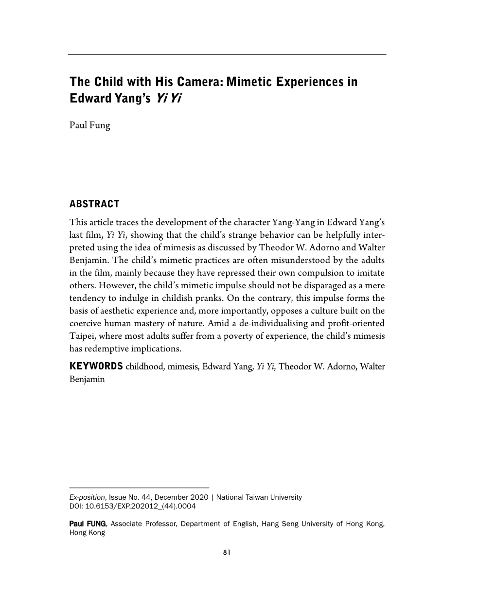 Mimetic Experiences in Edward Yang's Yi Yi