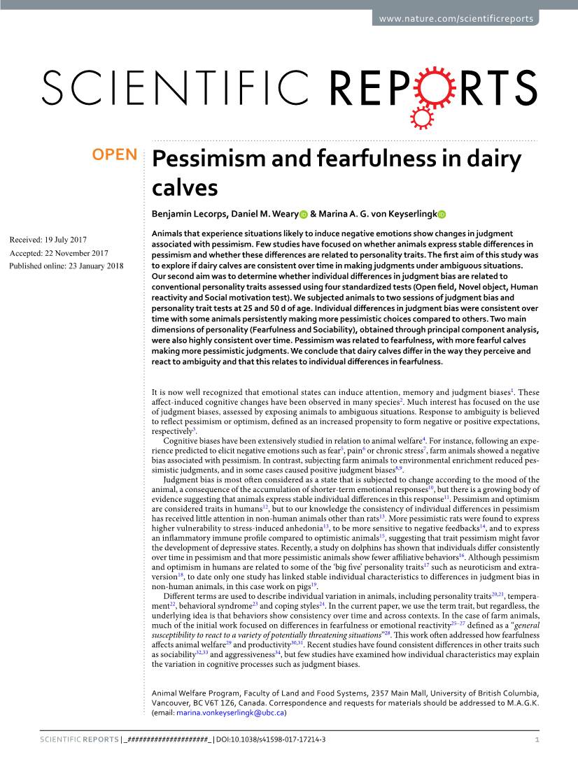 Pessimism and Fearfulness in Dairy Calves Benjamin Lecorps, Daniel M