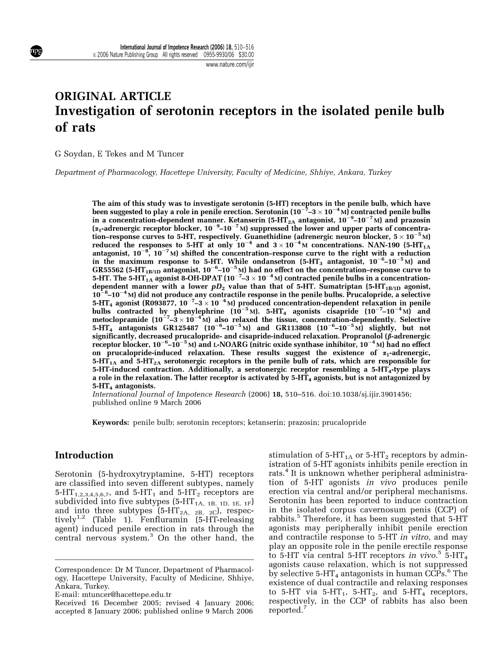 Investigation of Serotonin Receptors in the Isolated Penile Bulb of Rats