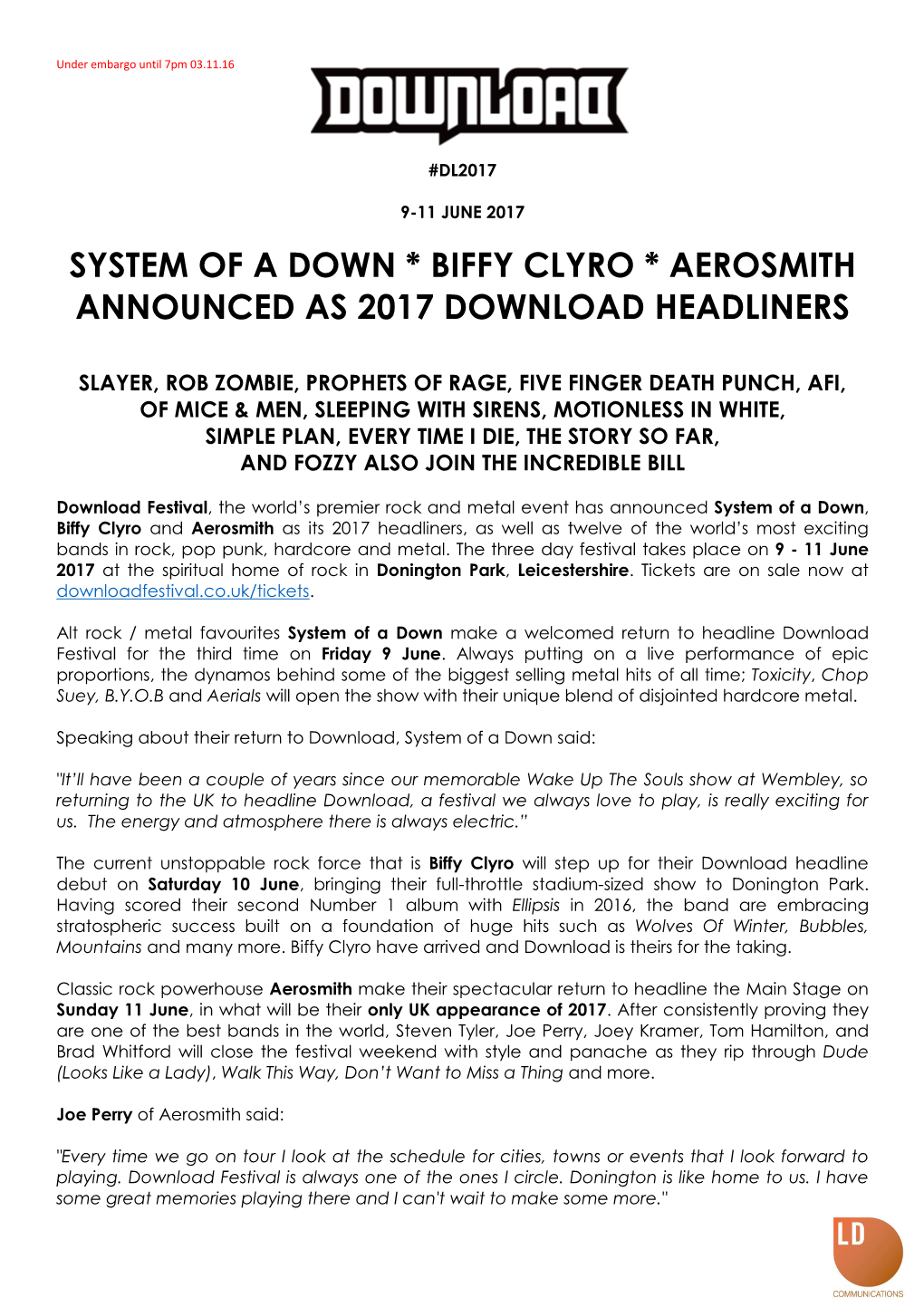 System of a Down * Biffy Clyro * Aerosmith Announced As 2017 Download Headliners