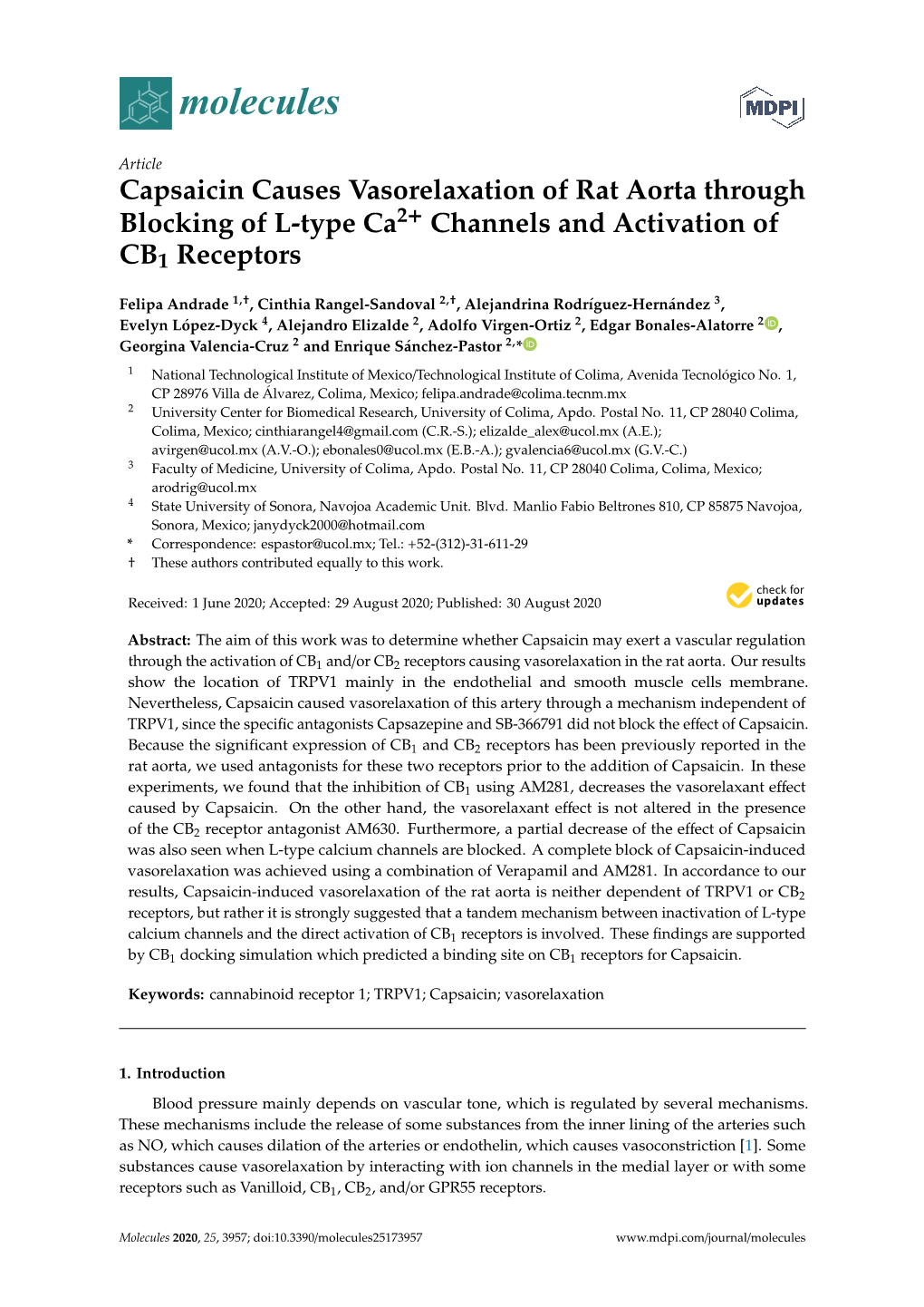 Capsaicin Causes Vasorelaxation of Rat Aorta Through Blocking of L-Type Ca2+ Channels and Activation of CB1 Receptors