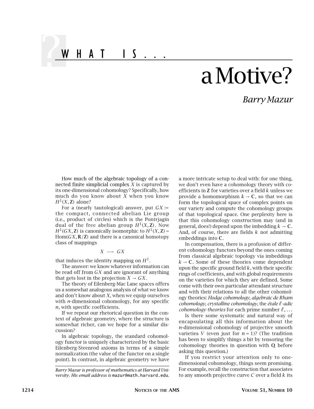 What Is...A Motive?, Volume 51, Number 10