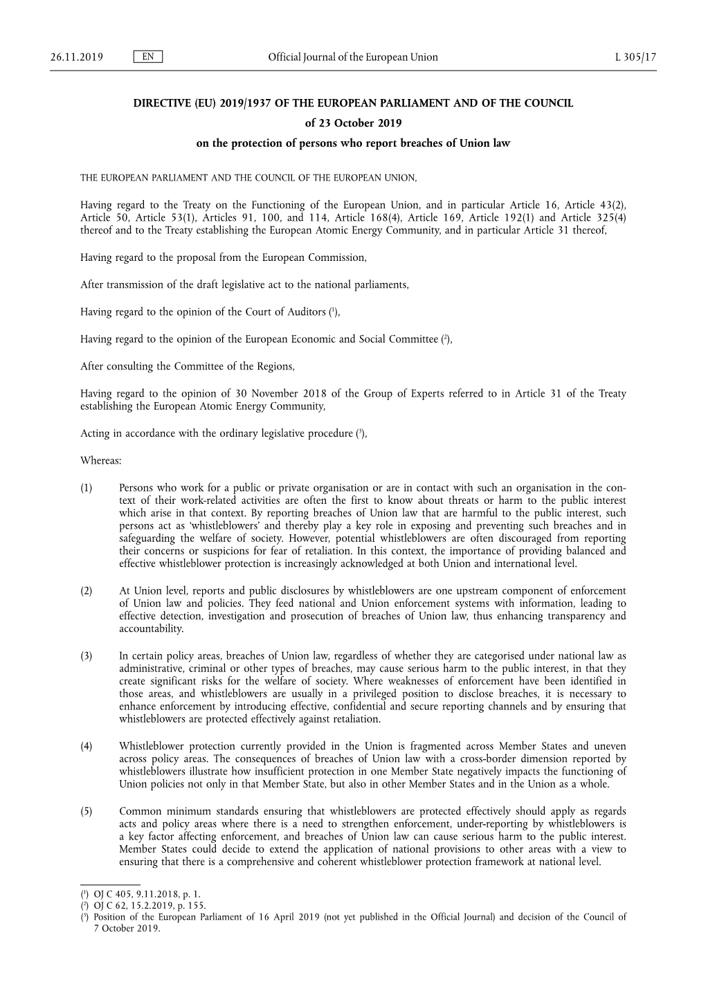 DIRECTIVE (EU) 2019/1937 of the EUROPEAN PARLIAMENT and of the COUNCIL of 23 October 2019 on the Protection of Persons Who Report Breaches of Union Law