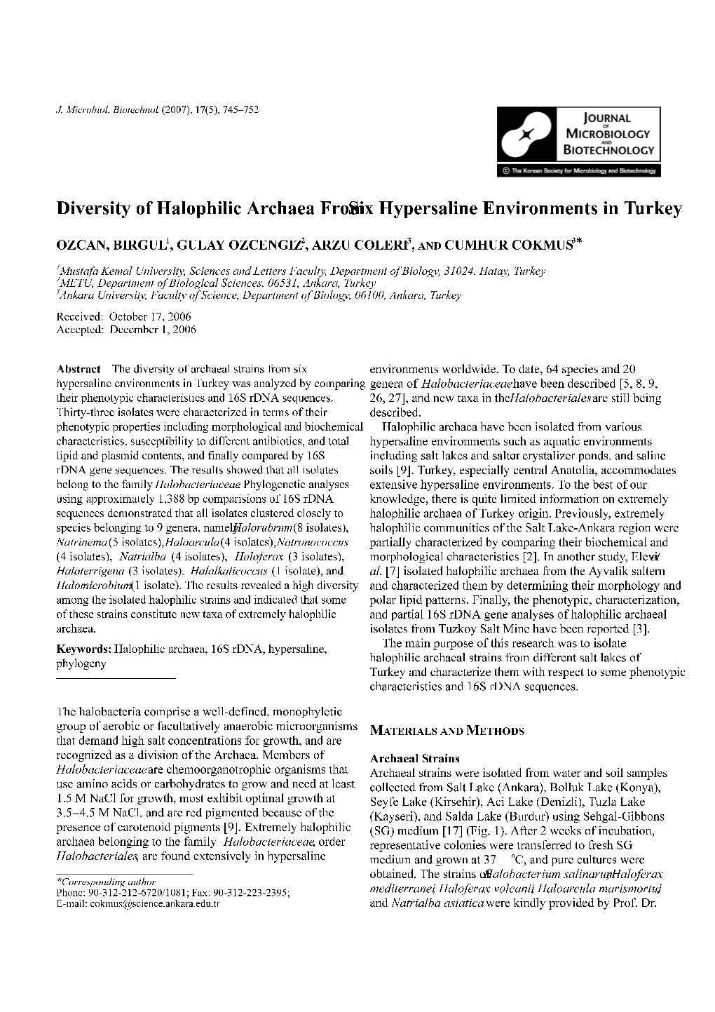 Diversity of Halophilic Archaea from Six Hypersaline Environments in Turkey