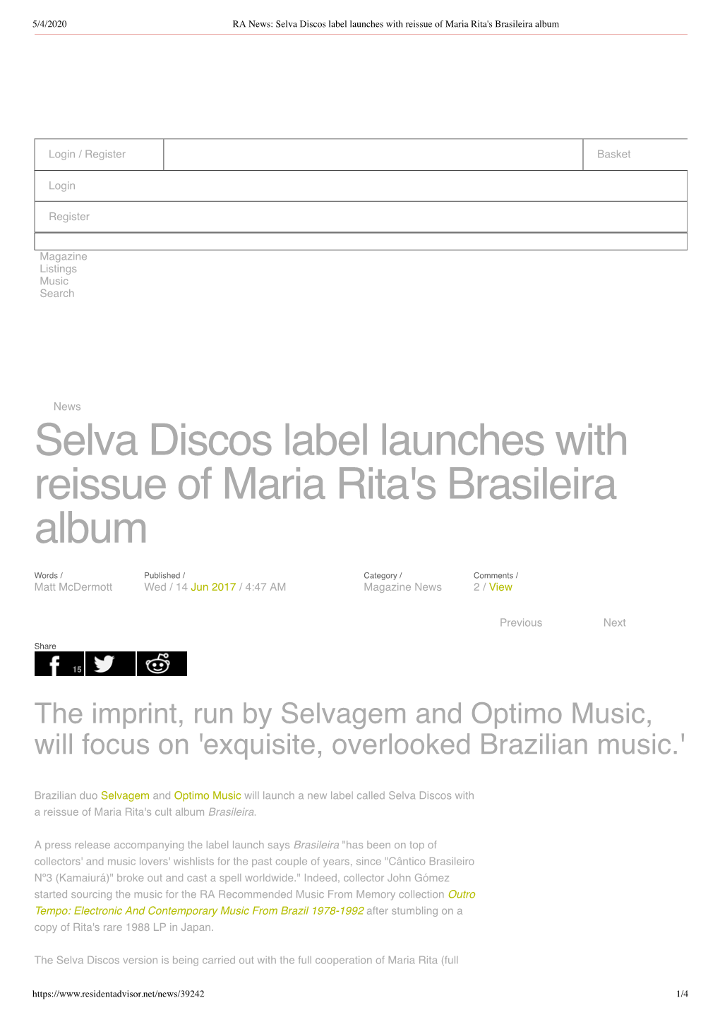 Selva Discos Label Launches with Reissue of Maria Rita's Brasileira Album