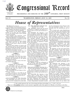 Congressional Record United States Th of America PROCEEDINGS and DEBATES of the 109 CONGRESS, FIRST SESSION