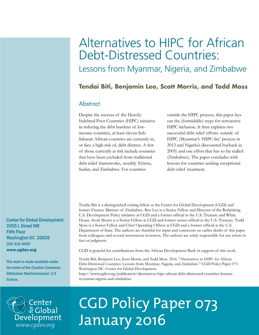 Alternatives to HIPC for African Debt-Distressed Countries: Lessons from Myanmar, Nigeria, and Zimbabwe