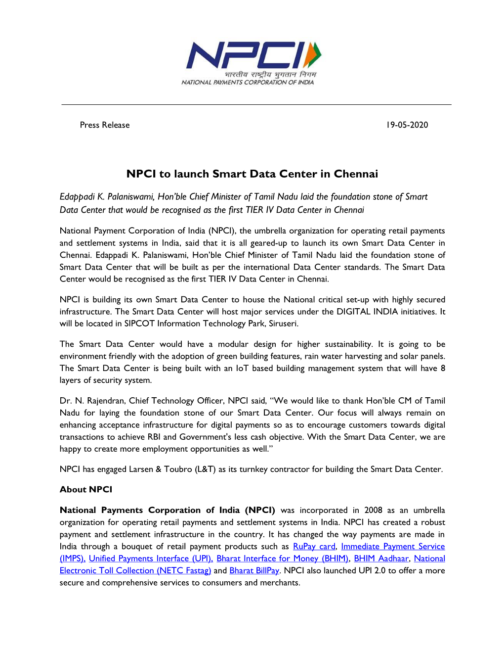 NPCI to Launch Smart Data Center in Chennai