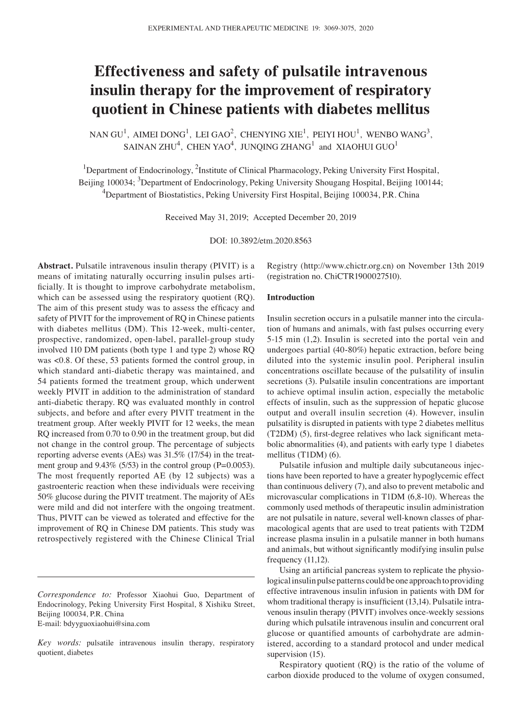 Effectiveness and Safety of Pulsatile Intravenous Insulin Therapy for the Improvement of Respiratory Quotient in Chinese Patients with Diabetes Mellitus