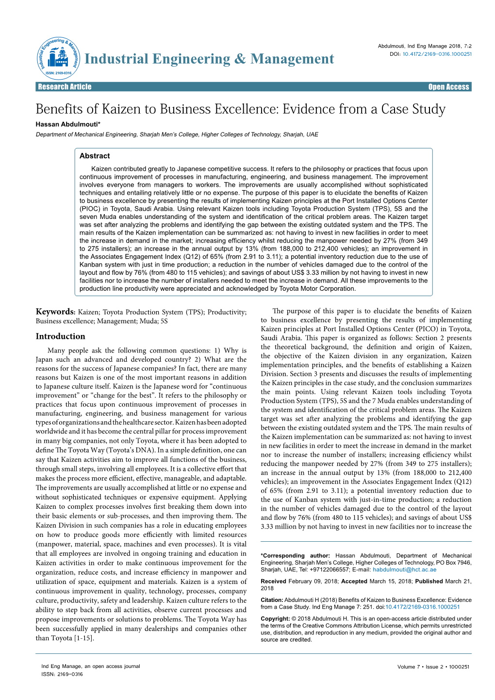 Benefits of Kaizen to Business Excellence: Evidence from a Case