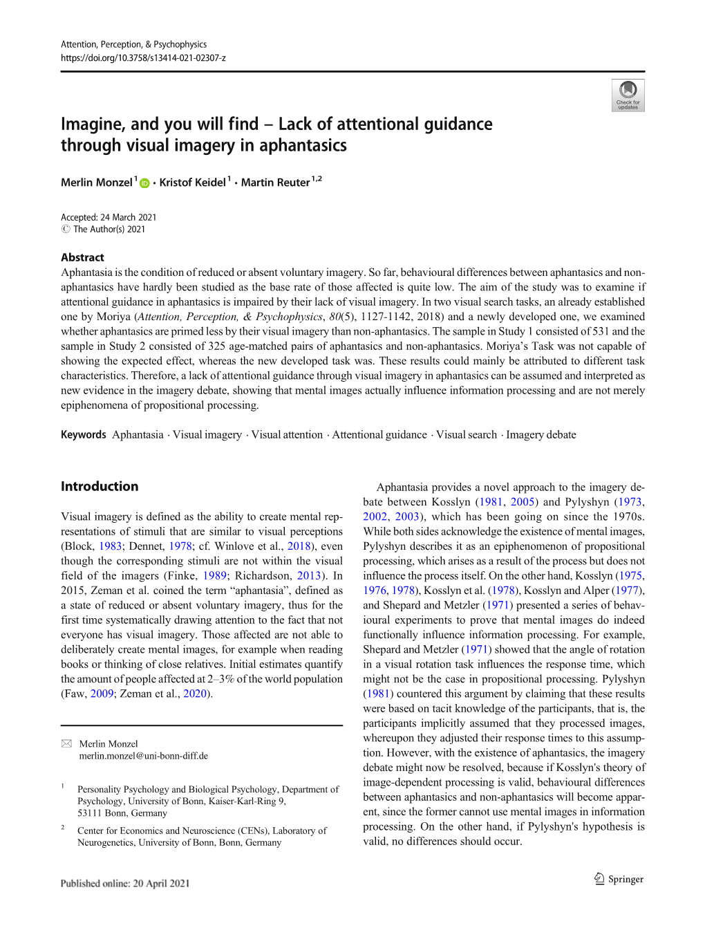 Lack of Attentional Guidance Through Visual Imagery in Aphantasics