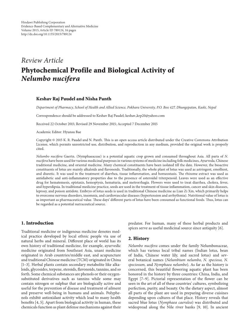 Phytochemical Profile and Biological Activity of Nelumbo Nucifera