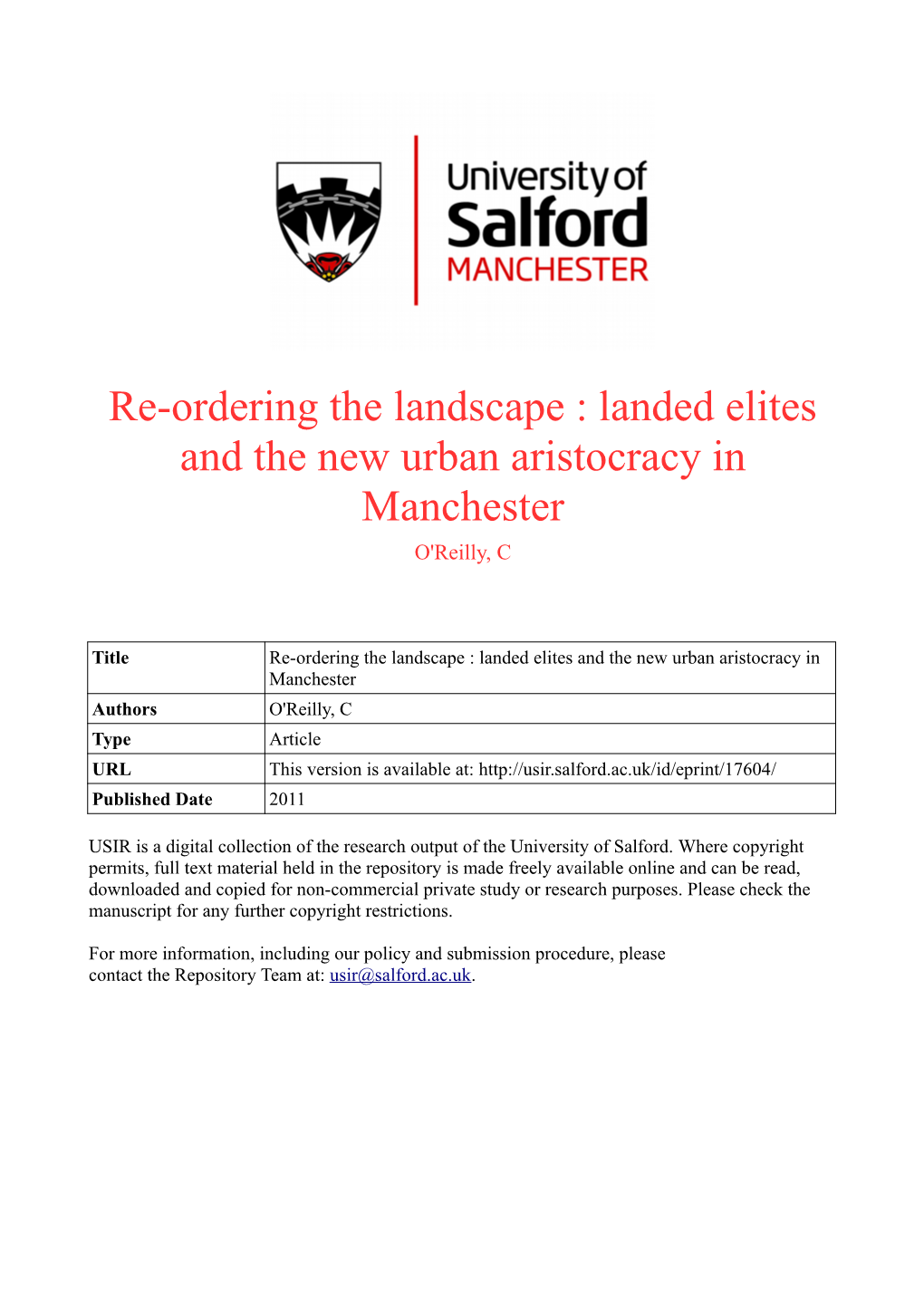 Landed Elites and the New Urban Aristocracy in Manchester O'reilly, C