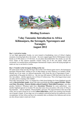 Birding Ecotours 7-Day Tanzania: Introduction to Africa Kilimanjaro, the Serengeti, Ngorongoro and Tarangire August 2012