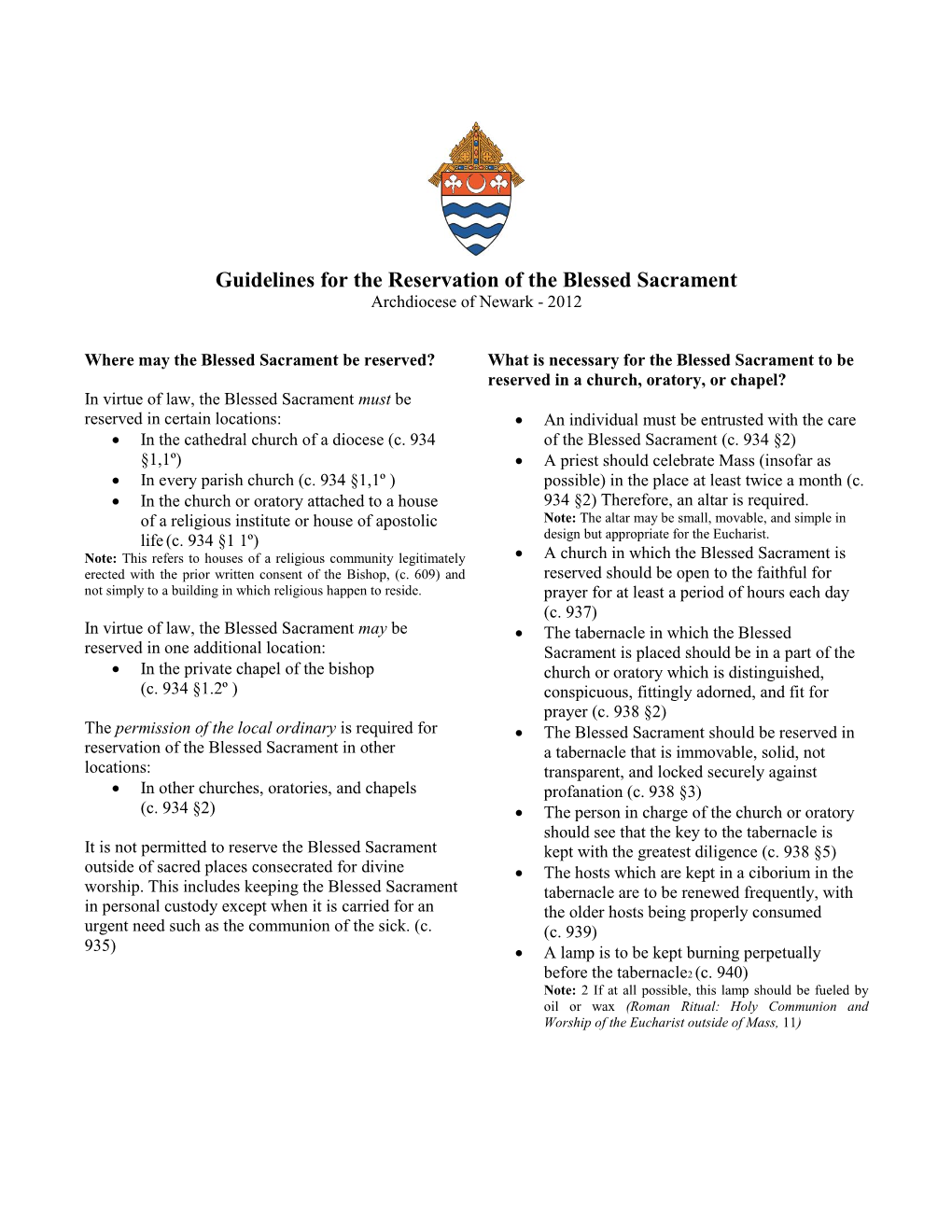 Guidelines for the Reservation of the Blessed Sacrament Archdiocese of Newark - 2012