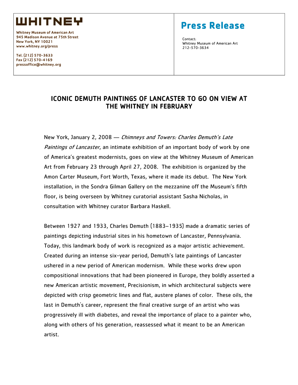 Press Release Whitney Museum of American Art
