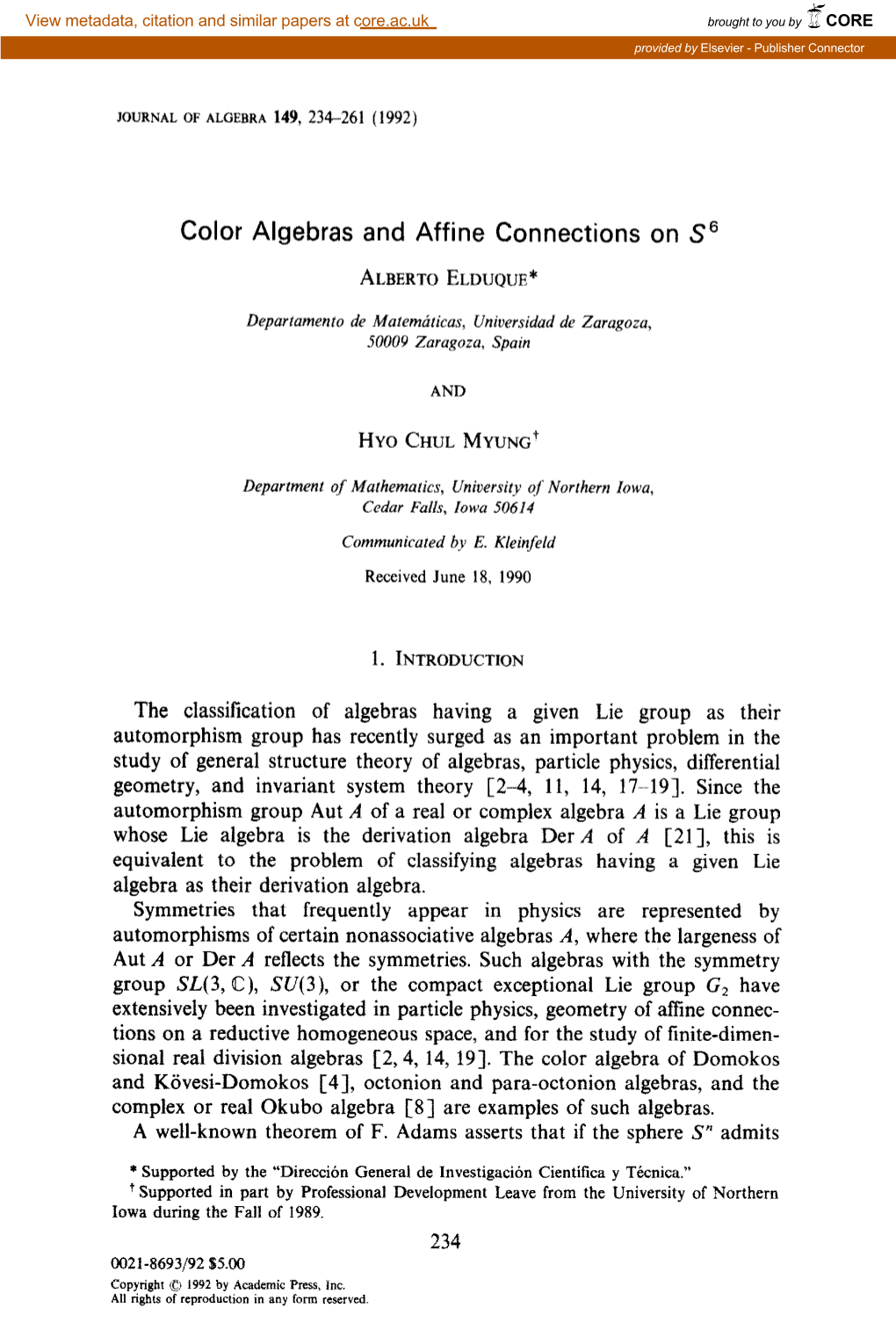 Color Algebras and Affine Connections on S6