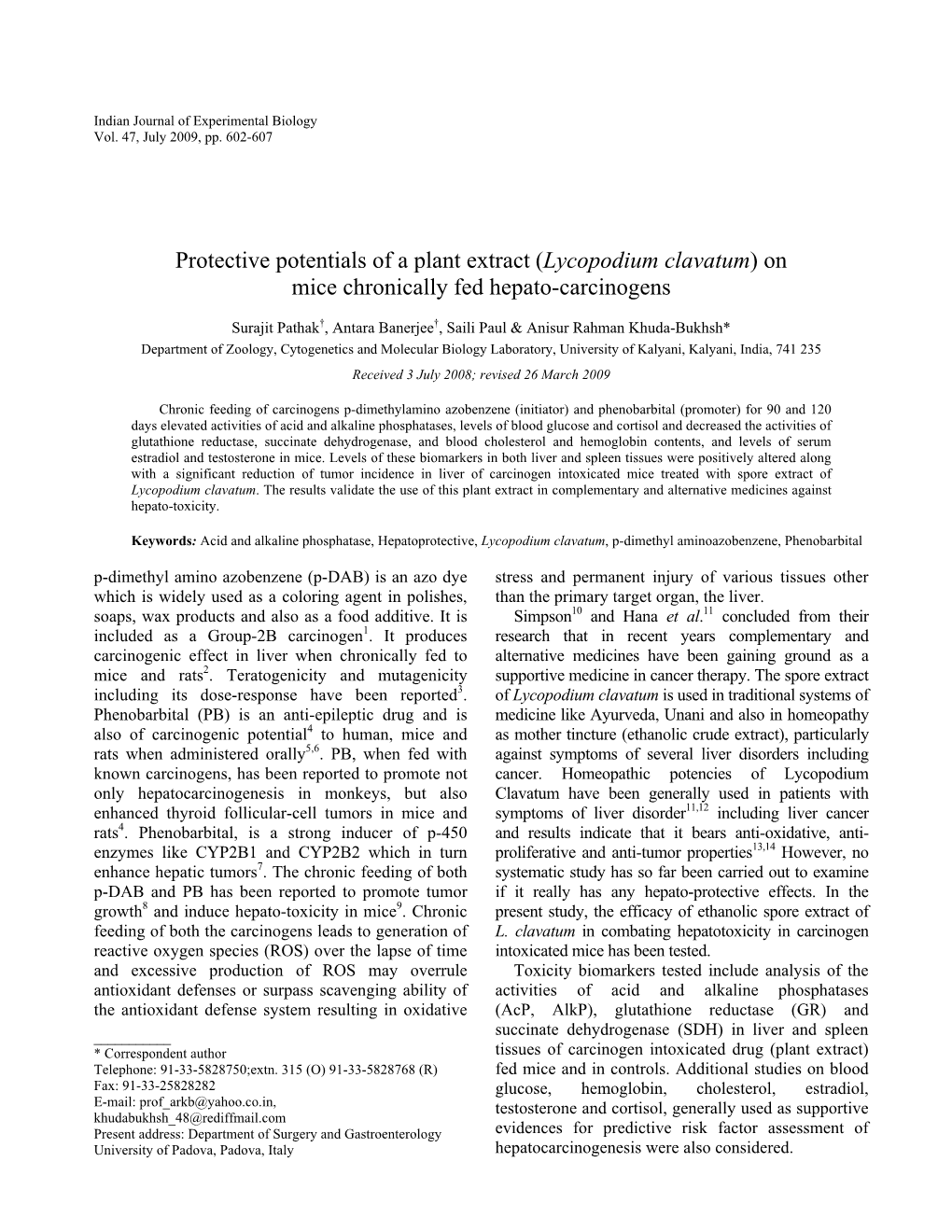 Lycopodium Clavatum) on Mice Chronically Fed Hepato-Carcinogens