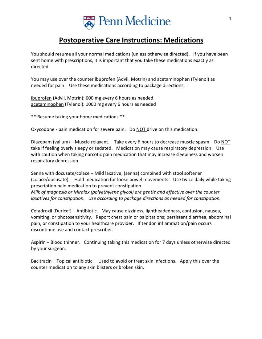 Postoperative Care Instructions: Medications