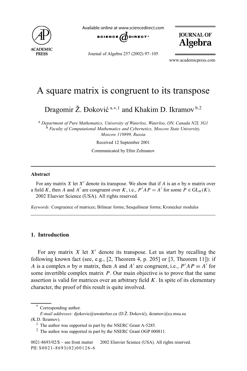 A Square Matrix Is Congruent to Its Transpose