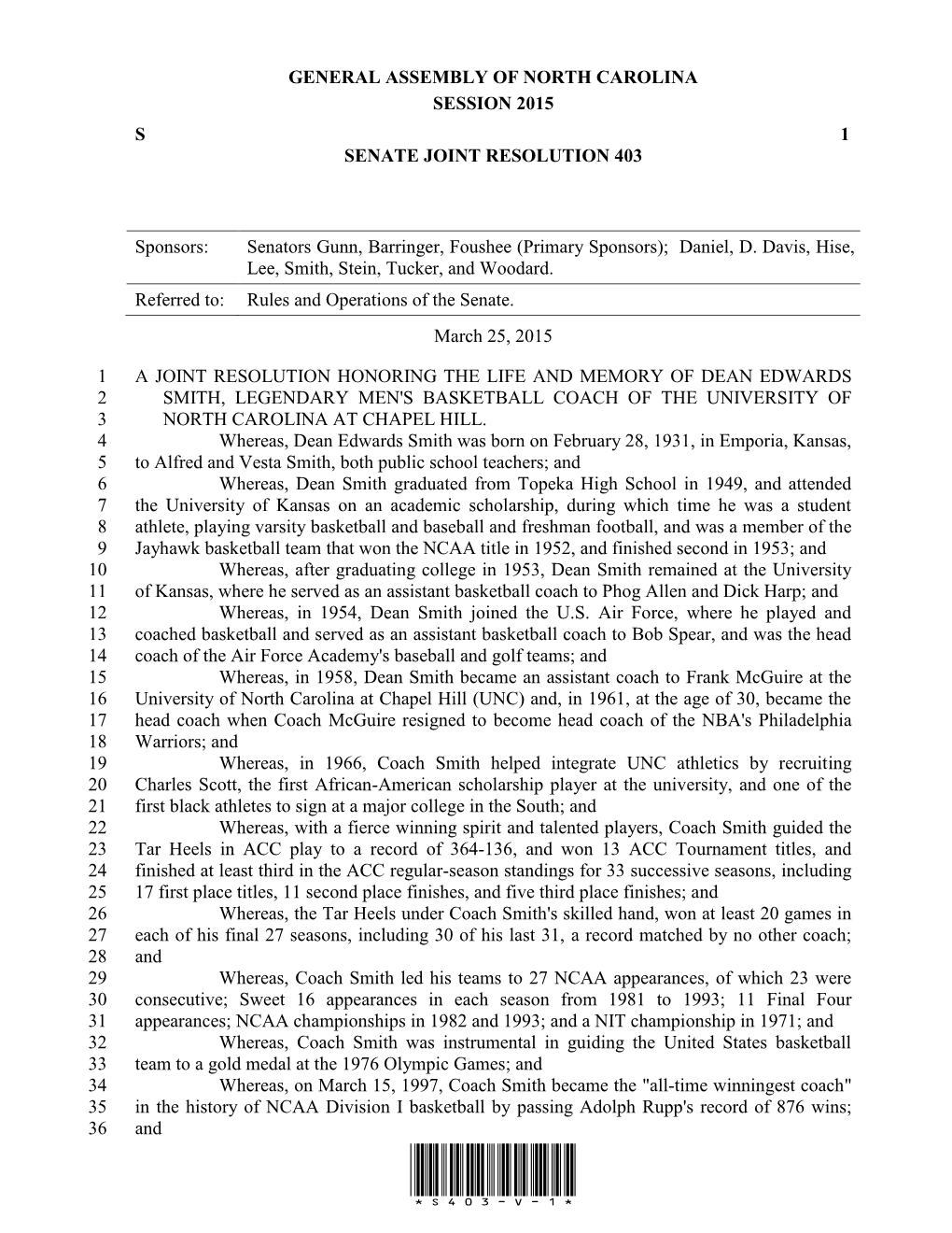 General Assembly of North Carolina Session 2015 S 1 Senate Joint Resolution 403